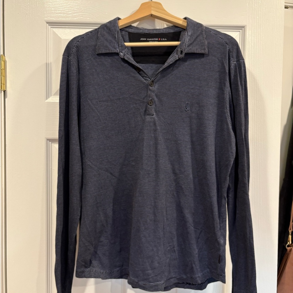 John Varvatos Navy Thin-Striped Long Sleeve Polo